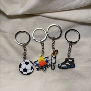 🏀 Small Soccer Ball, Basketball, Basketball Player and Sneaker Keychain Bundle